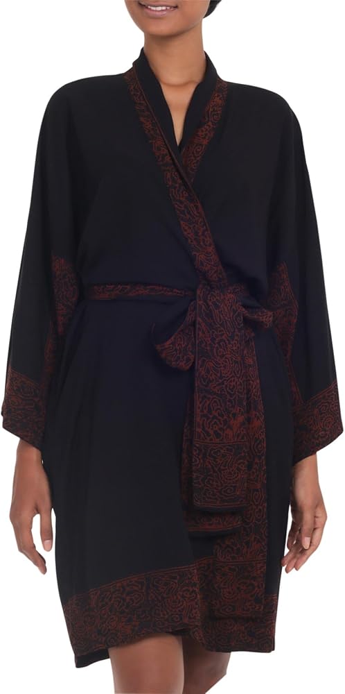 NOVICA Artisan Handmade Short Rayon Robe Indonesian Floral Batik Printed Black Cocoa Clothing Brown 'Bewitching Blossom'