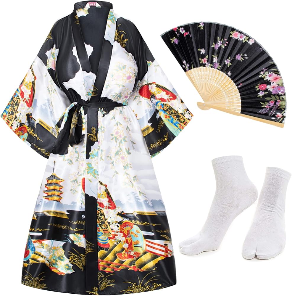 Long Kimono Satin Printed Lightweight Cardigan Jacket Coat Yukata Cloak Bathrobe Tops fans Tabi socks set