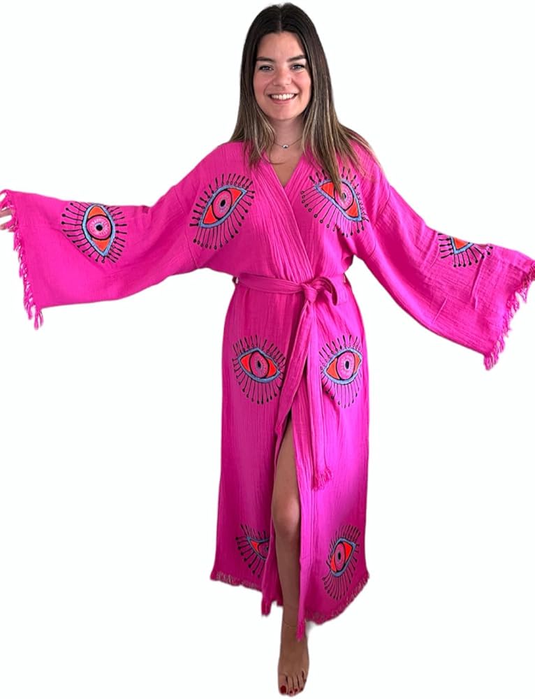 Handmade Evil Eye Kimono - Fuchsia Festival Women Clothing - Bohemian Robe - Boho Cotton Cardigan - Dressing Gown