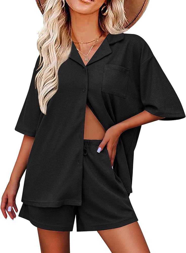 Ekouaer Pajamas for Women Button Up Lounge Set Waffle Knit Loungewear Short Sleeve Pjs 2 Piece Sleepwear Shorts Set