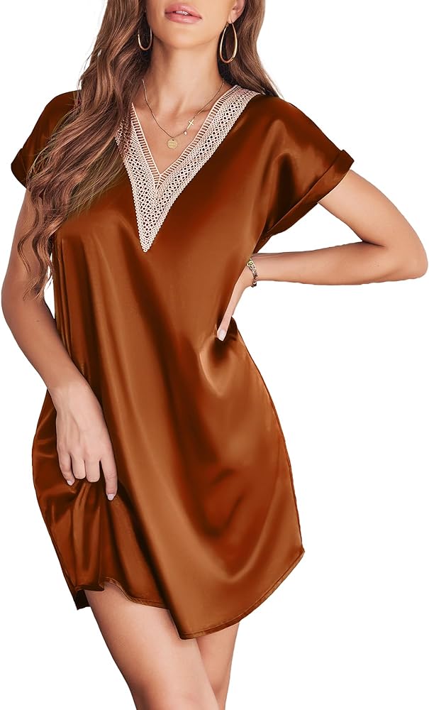 Ekouaer Satin Nightgowns for Women Short Sleeve Nightshirt Silk Sleepwear Lace V Neck Pajama Dress S-XXL