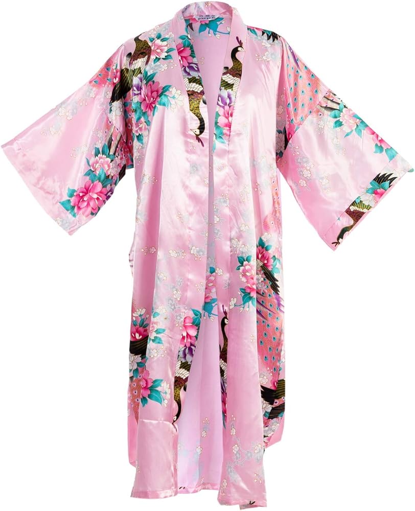 Asian Home Flower Peacock Satin Silk Kimono Robe, Dressing Gown, Bridal, Gift, One Size Fits Most