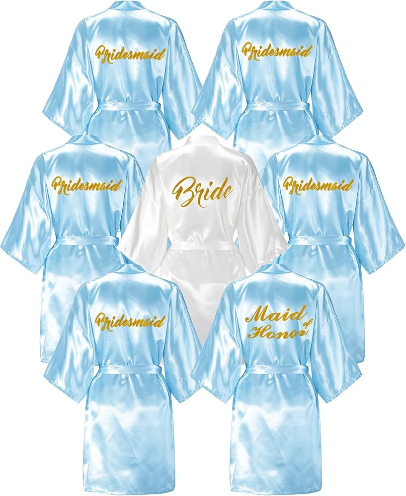 EPLAZA 7 Pcs Bride Bridesmaid Robes for Wedding Bridal Party Women Short Silky Satin Robe Kimono with Gold Glitters