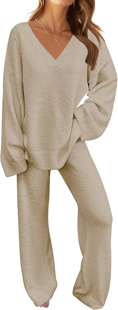 MEROKEETY Women's 2 Piece Outfits Fuzzy Fleece Pajama Set Long Sleeve Top Wide Leg Pants Loungewear