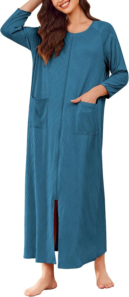 Ekouaer Zipper Robes for Women Ribbed Knit Bathrobe Lightweight Full Length Loungewear with Pockets S-3XL