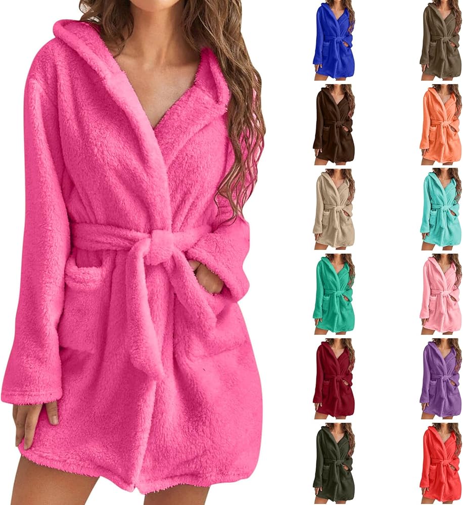 Fuzzy Robe for Women Mid Length Bathrobes Belted Soft Bath Robes Plush Kimono Robe with Pocket Fall Winter Spa Robes