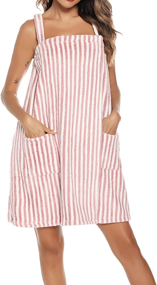 Women's Pinstripe Bath/Shower Wrap Towel Dress with Straps Adjustable Closure Lightweight Knee Length Body Wraps