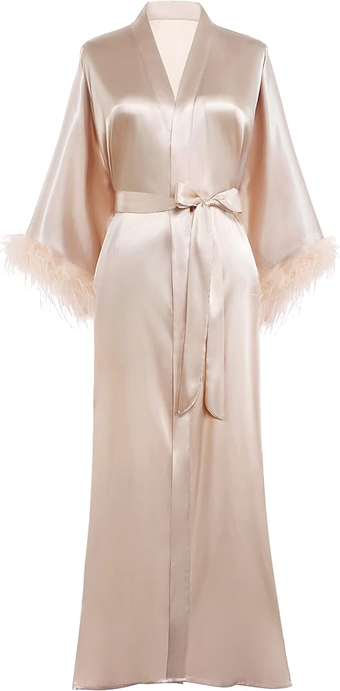 PRODESIGN Satin Kimono Robe Long Bath Robe with Ostrich Feather Trim Sleepwear Wedding Bridesmaid Robe