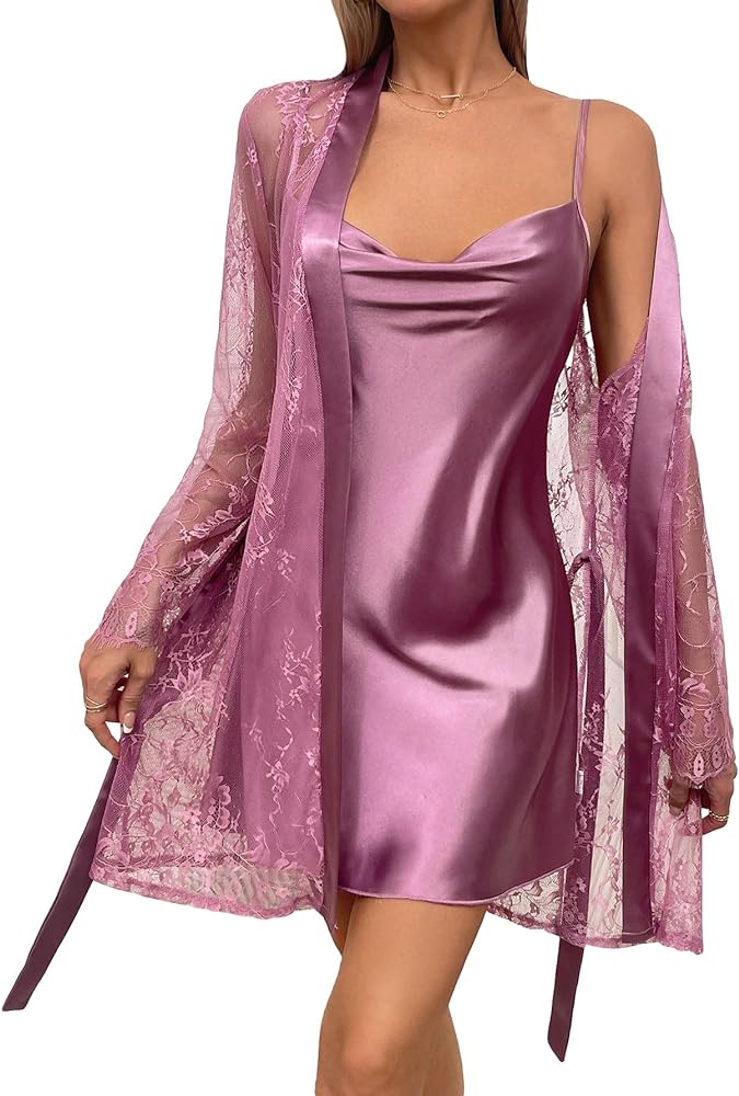 SweatyRocks Women's 2 Piece Pajama Sets Satin Cami Mini Nightdress and Sheer Lace Belted Robe Sets Sleepwear