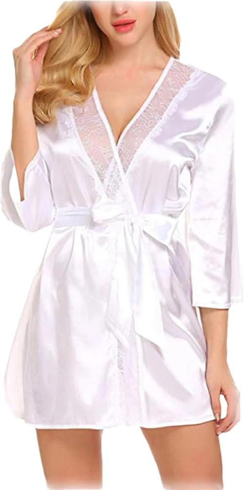 Women Casual Sexy Nine-Minute Sleeve Lace Splicing Nightwear Robe Home Wear Nightdress Lingerie