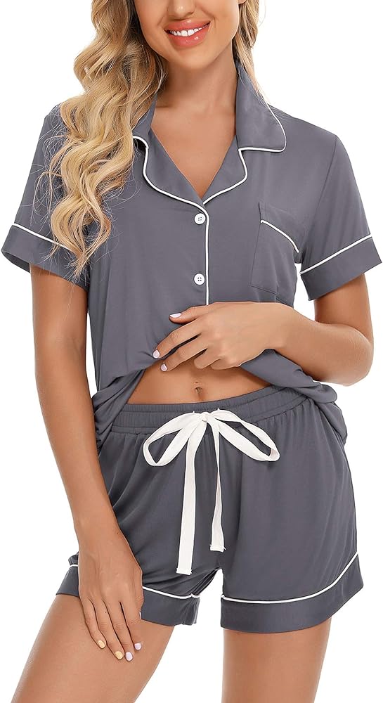 Senert Pajamas Set For Women Short Sleeve Sleepwear Soft Button Down Pjs Set Nightwear Lounge Sets S-XXL