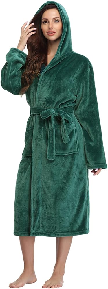 RONGTAI Womens Robes Plush Fleece Hooded Bathrobe Thick Nightgown with Pockets Fluffy Sleepwear