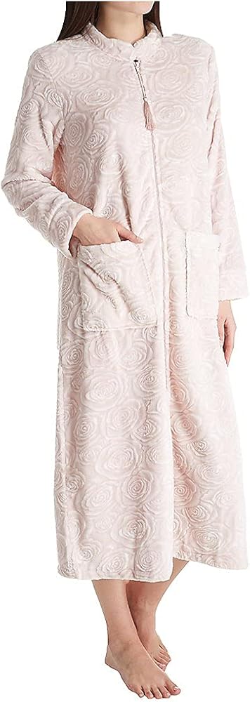 LA CERA Women's Nightgown, Imported Long Sleeve Gown with Zipper Closure and Front Pockets