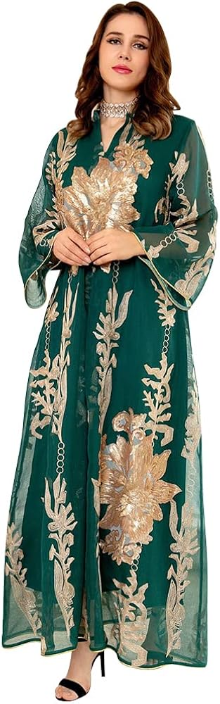 OBEEII Abayas for Women Muslim Applique Embroidery Long Sleeve Maxi Dress Loose Full Cover Islamic Dubai Robe Kaftan Abayas