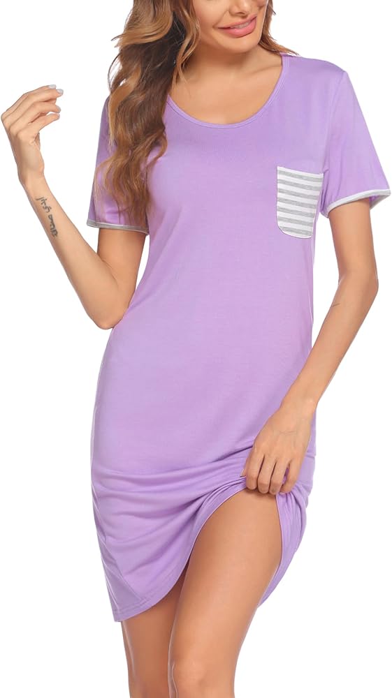 Ekouaer Nightgowns for Women Sleepshirt Short Sleeve Pajama Shirt Soft Sleep Dress Striped Pocket Loungewear Nightshirt