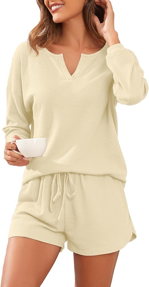 PrinStory Pajamas Set for Women Waffle Knit Lounge Set 2 Piece Outfits Matching Set Loungewear Sweatsuit with Pockets