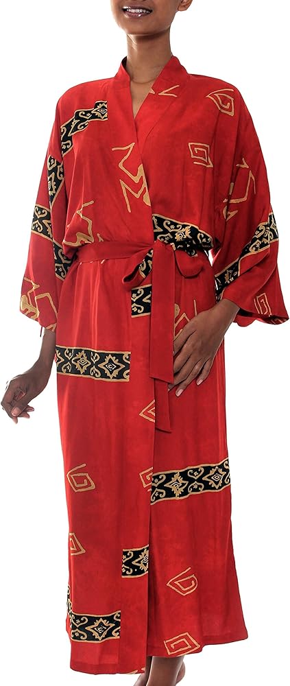 NOVICA Artisan-Crafted Cardinal Red Batik Patterned Women's Robe, 53" Long, Made of Rayon - Lightweight Summer Robe for Women, Cardinal Red'