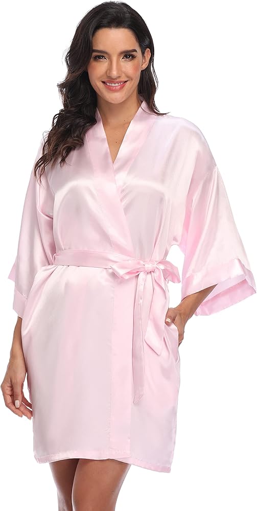 Women's Satin Kimono Robe Wedding Getting Ready Silky Bathrobe Short Bridesmaid Dressing Gown