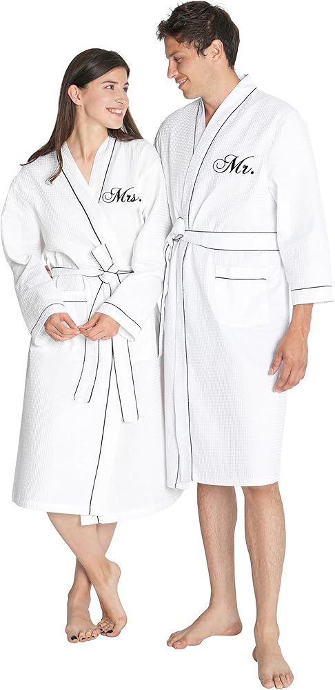 AW BRIDAL 2Pcs Couple's Cotton Waffle Knit Robes Embroidered Lightweight Spa Robes Dressing Gown Bridal Robes for Men Women