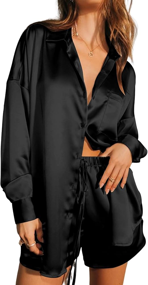 Ekouaer Womens 2 Piece Satin Pajama Set Long Sleeve PJs Sets Button Down Lounge Ssts Soft Sleepwear Set