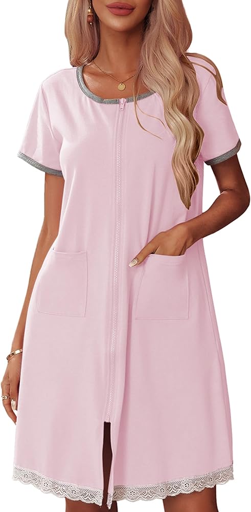 Ekouaer Womens Zip Front Robes Lightweight House Coat Zipper Nightgown(S-3XL)