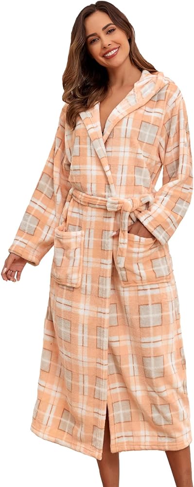 Women's Plush Hooded Bathrobe Soft Flannel Fleece Long House Robe Warm Winter Robes Plaid Nightgowns with Pockets