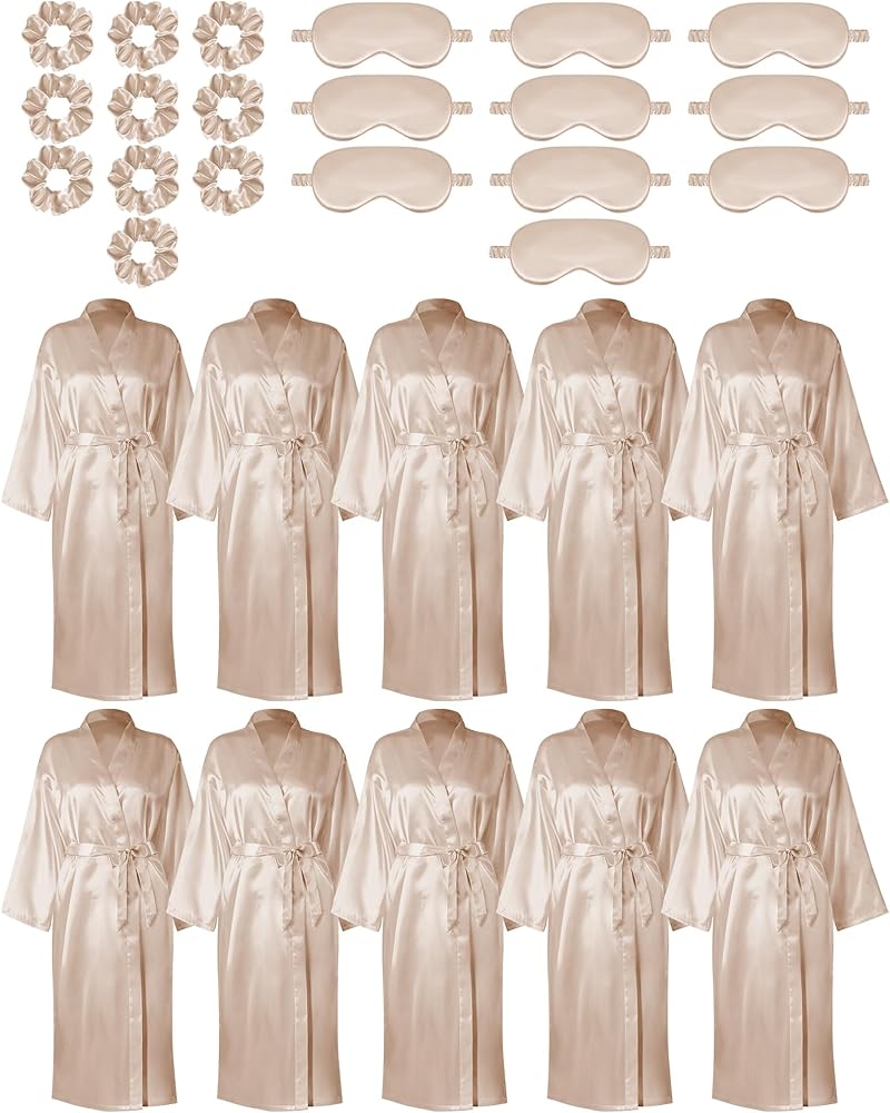 Xtinmee 10 Set Women Long Satin Robe Set Bulk Bridesmaid Kimono Robe with Eye Mask Hair Tie for Wedding Bridal Birthday Party