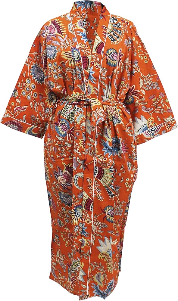 Women's Long Robes Kimono Robe with Colorful Crown Printed Nightgown