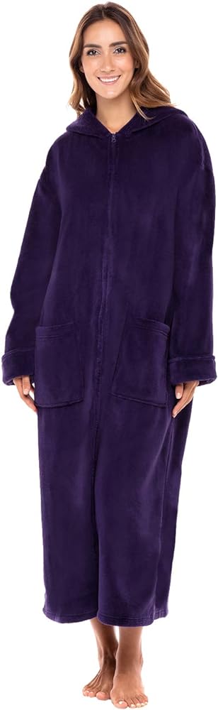 Alexander Del Rossa Fleece Zip Up Robes for Women with Zippered Front, Hooded Zipper Robes for Women, Womens Long Robe