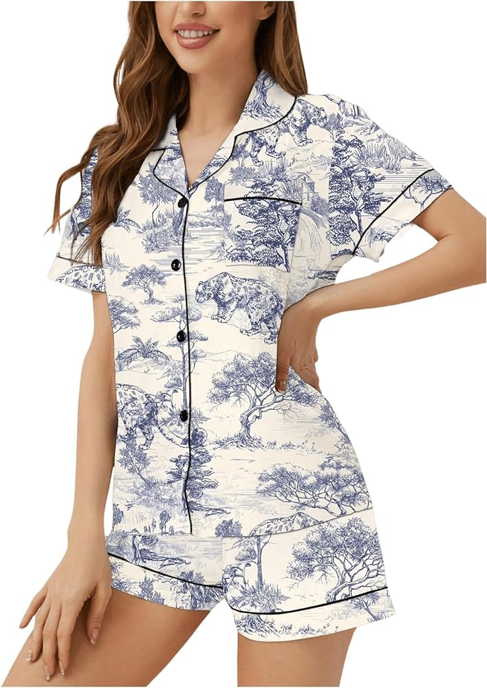 Floerns Women's Notch Collar Print Sleepwear Two Piece Pajama Set