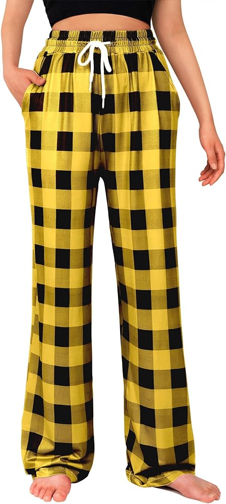 Alimens & Gentle Womens Pajama Pants Plaid Stretch Comfy Lounge Pants Drawstring Sleep Bottoms with Pockets