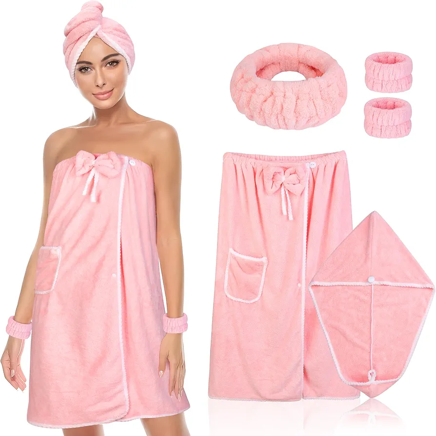 Towel Wrap Women Shower Robe Adjustable Closure Bathrobe with Hair Drying Towel & Headband Wristband Towel Dress & Spa Wraps - Pink