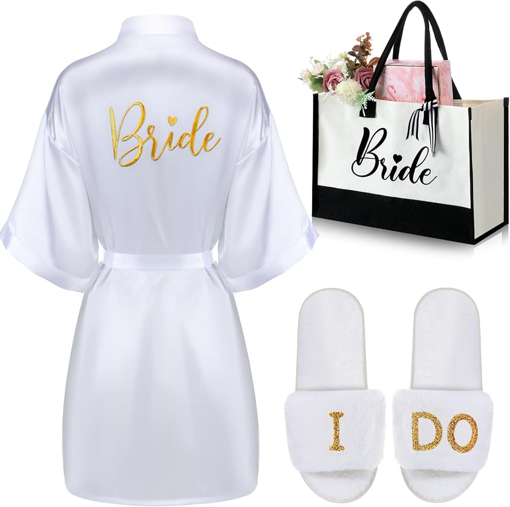 3 Pcs Women Bride Robe with Slippers Wedding Tote Set Bride Short Satin Robe Bridal Wedding Slippers Canvas Tote Bag for Bride Bachelorette Party Engagement Honeymoon Gift