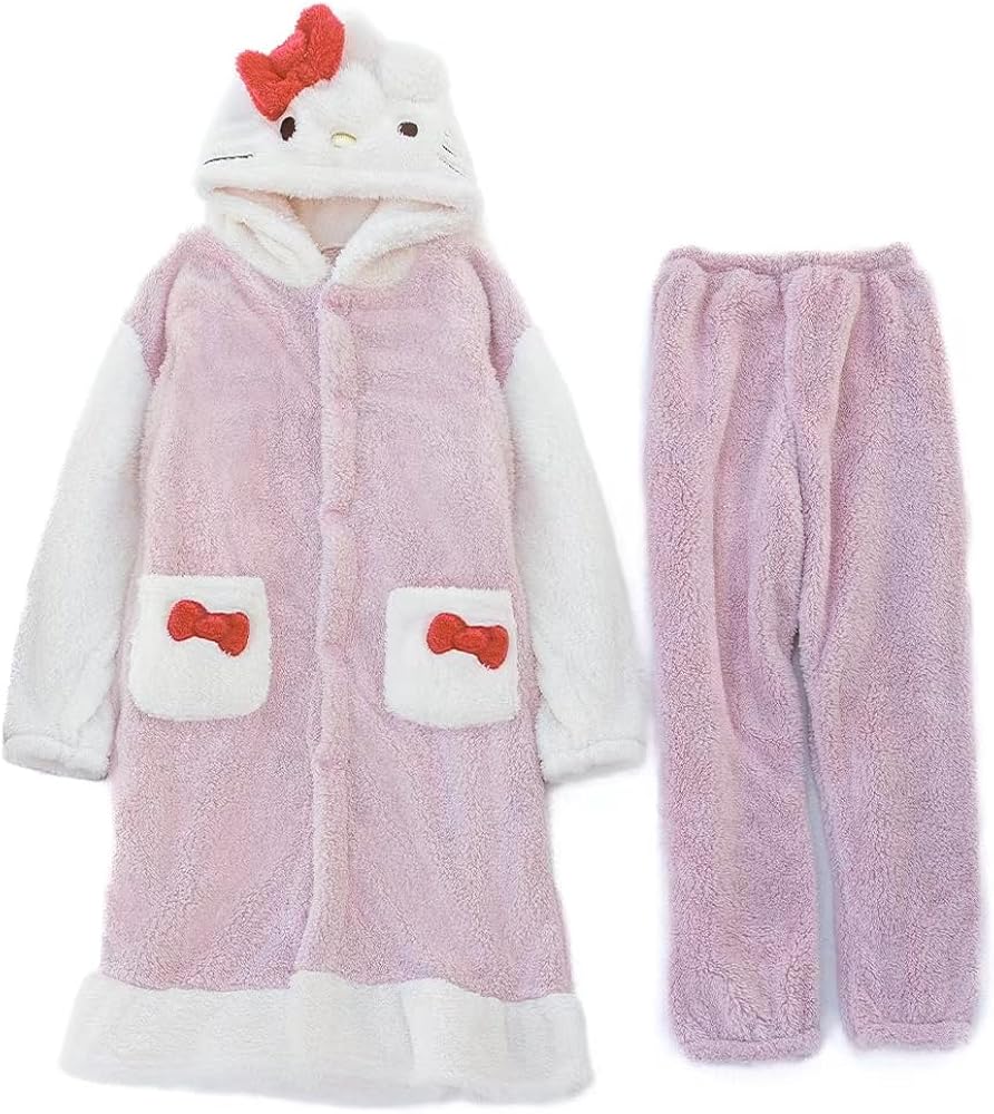 Women's Cute Robe Button Bathrobe - Hooded Plush Sleepwear with Kawaii Pattern and trousers Sets