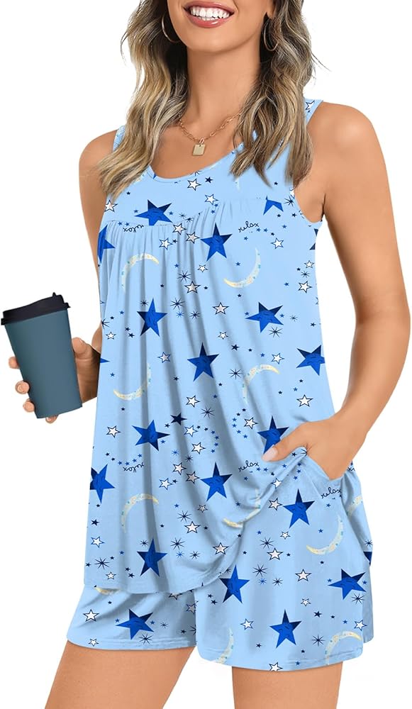 POPYOUNG Womens Summer 2 piece Pajamas Sets Sleevelesss Tank Tops with Comfy Shorts Ladies Pjs Sets Sleepwear with Pockets