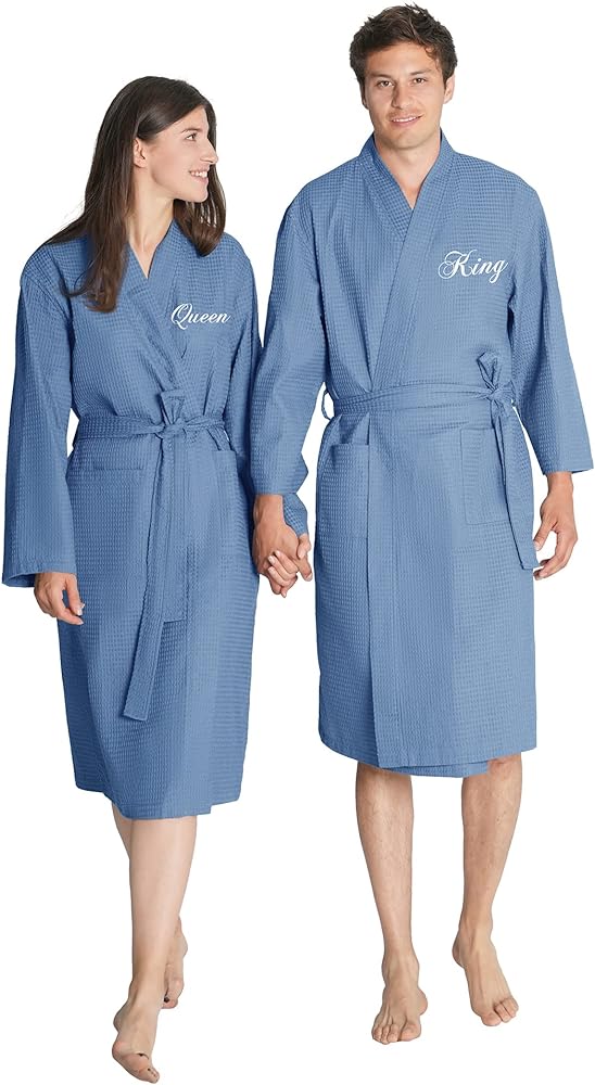 AW BRIDAL 2Pcs Couple's Cotton Waffle Knit Robes Embroidered Lightweight Spa Robes Dressing Gown Bridal Robes for Men Women