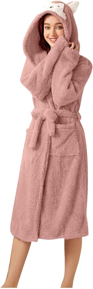 Plush Robes for Women, Fuzzy Fluffy Cute Animal Ears Hooded Bathrobe Soft Warm Fleece Robe Sherpa Trim Velour Robes