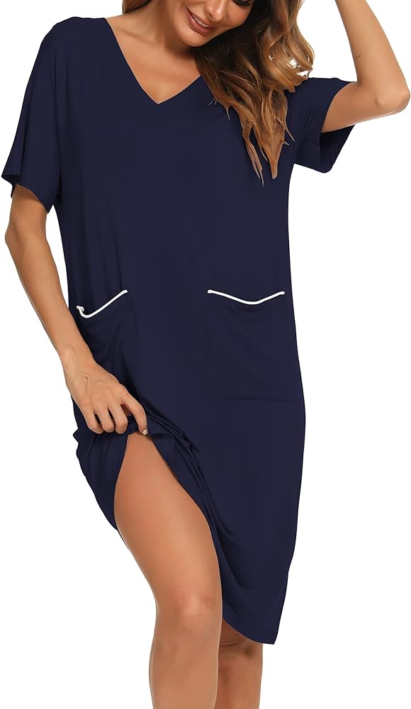 YYA Loose Nightgowns for Women Short Sleeve Sleepwear V Neck Nightshirt with Pockets Soft Pajama Dress S-3XL