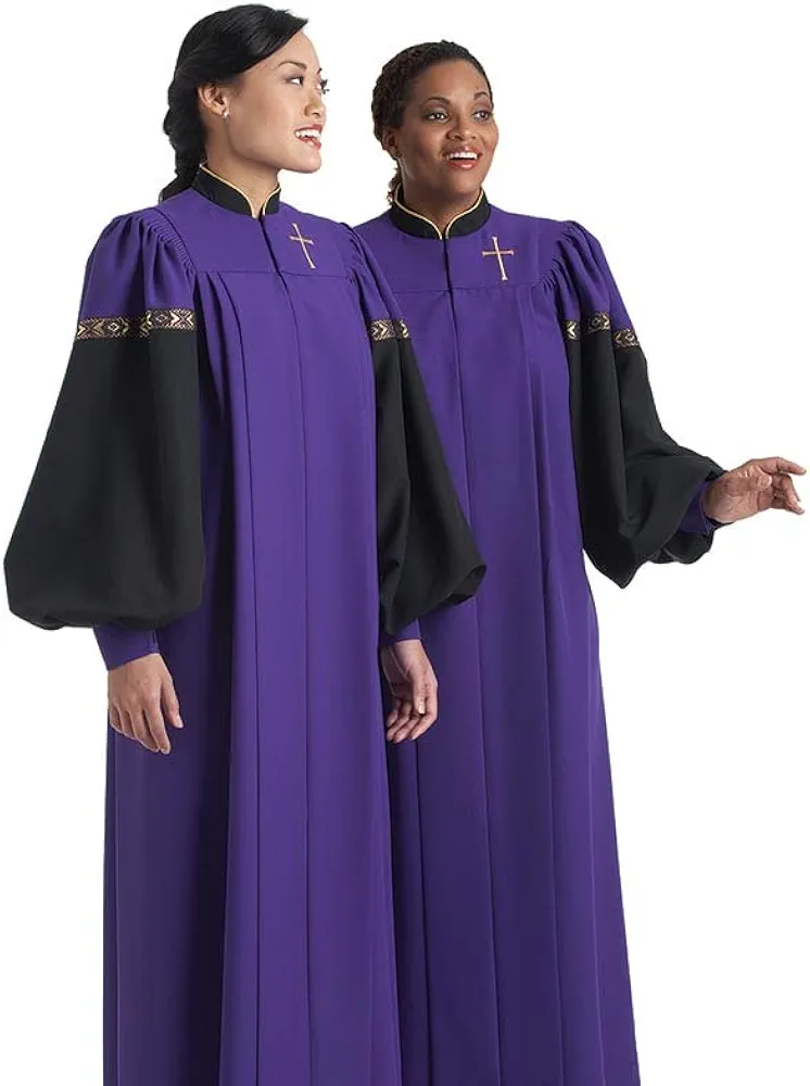 Apparel-Galaxy Robe with Standing Collar and Cuffed Sleeves Church Choir Gown, CT043, Purple and Black