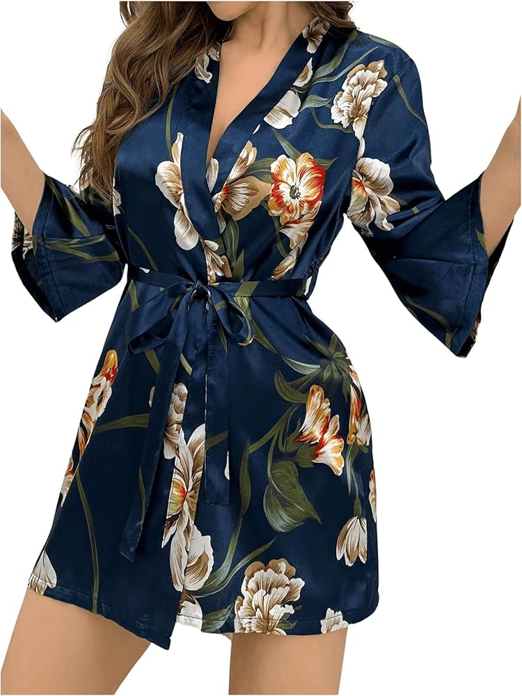 Verdusa Women's Bell Sleeve Floral Print Satin Bathrobes Belted Short Kimono Nightgowns