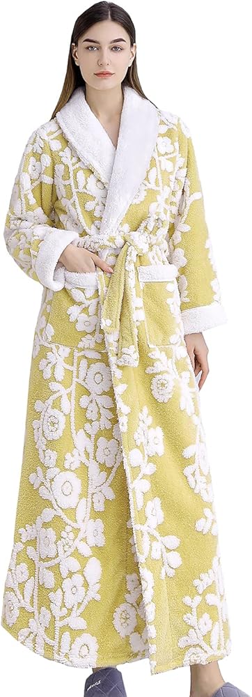 Women's Sherpa Fleece Robe Long Warm Plush Luxury Bathrobe Fuzzy House Coat Jacquard Pattern