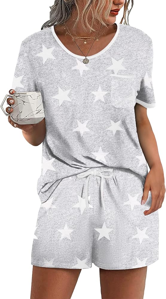 Ekouaer Pajama Set for Women 2 Piece Lounge Set Short Sleeve Tops and Shorts Soft Sleepwear, Chest Pocket