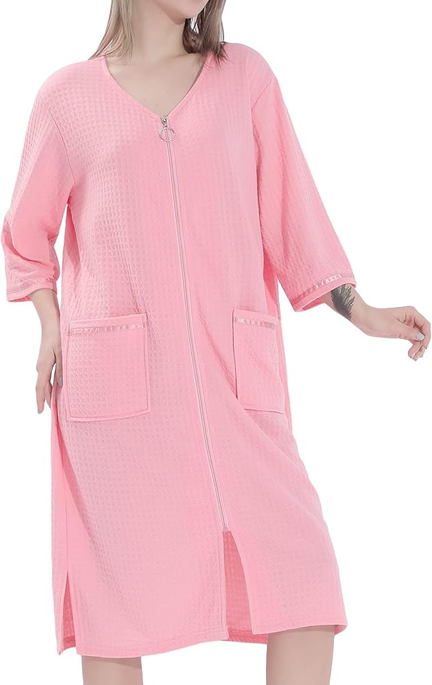 Lu's Chic Women's Waffle Robe Duster Lightweight Bathrobe Zip Up Nightgown Zipper Housecoat House Coat