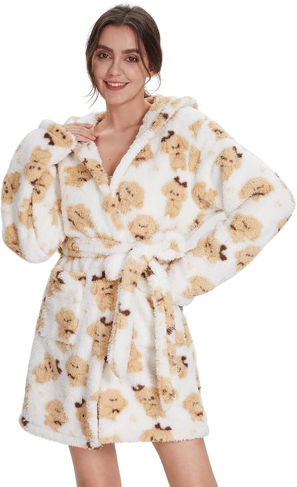 Women Plush Robes Fleece Hooded Bathrobe Fluffy Warm Shaggy Robe with Pockets