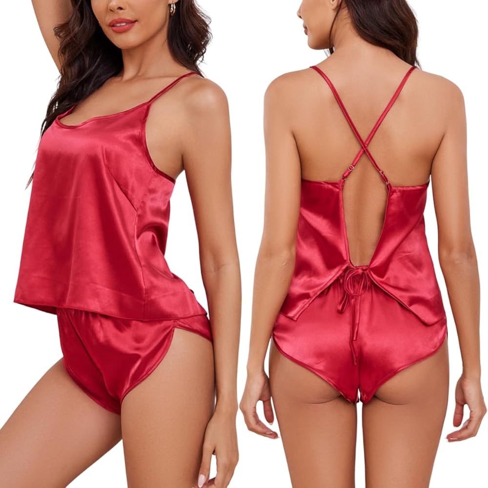 Satin Pajama for Women 2 Piece Lingerie Sets Silk Pj Cami Back Straps Top and Shorts Lounge Set