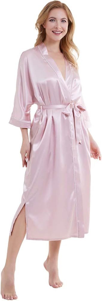 DIASHINY Long Satin Robe For Women Pure Solid Color Kimono Bath Robes Female 3/4 Sleeve Silky Bridesmaid Bathrobe Summer