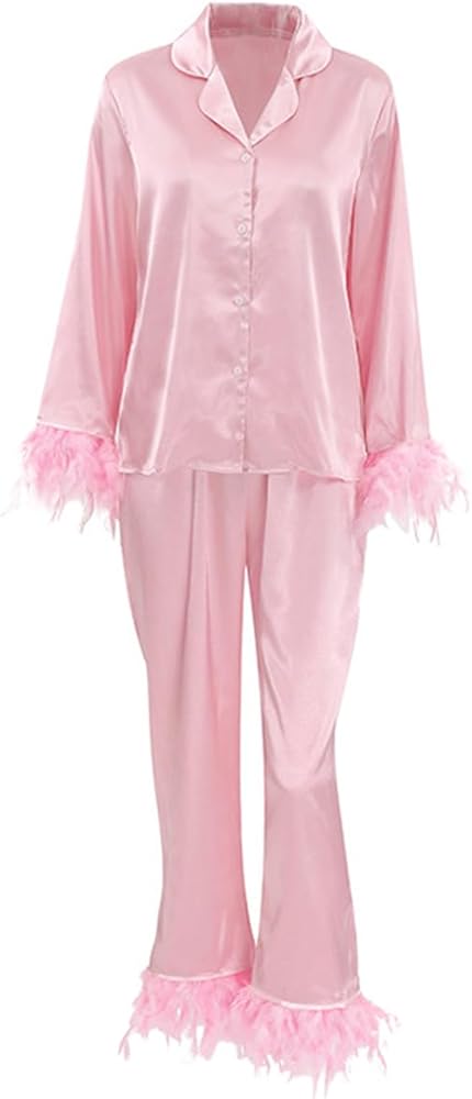 Women's Pajama Set Feather Trim Lounge Sets Satin Silk Pj Set Long Sleeve Loungewear Sleepwear