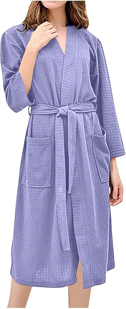 Robes for Women Waffle Knit Bathrobe Soft Lightweight Belted Kimono Robe Full Length Casual Loungewear with Pockets