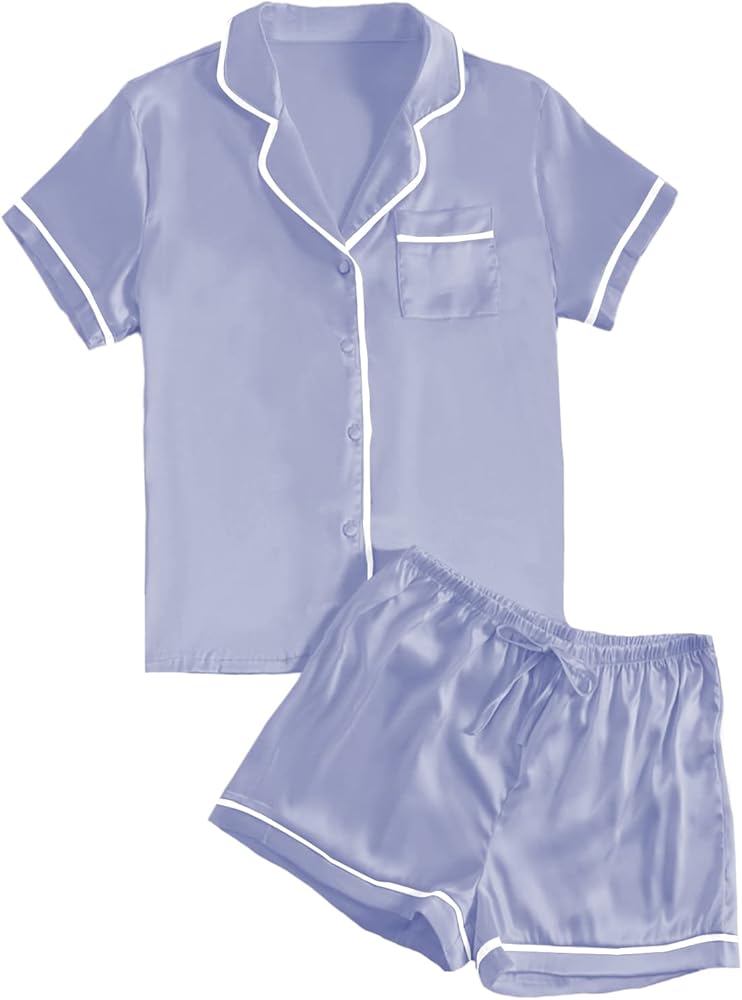 LYANER Women's Satin Silky Short Sleeve Button Shirt Sleepwear 2Piece Pajama Set