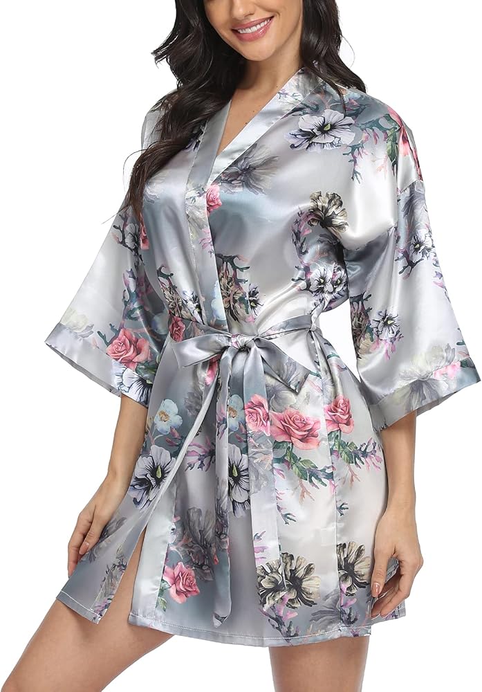 Women's Plus Size Robes Floral Satin Kimono Robe Bride Bridesmaid Getting Ready Robe Sleepwear for Wedding Party